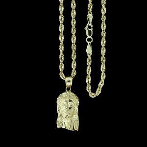 10K Real Gold Rope Chain and Jesus Face Head Pendant Set